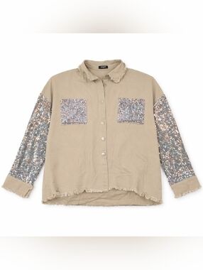 CHICME Women's Olive Green Sequin-Sleeve Button-Front Shirt, With Pockets 🥰